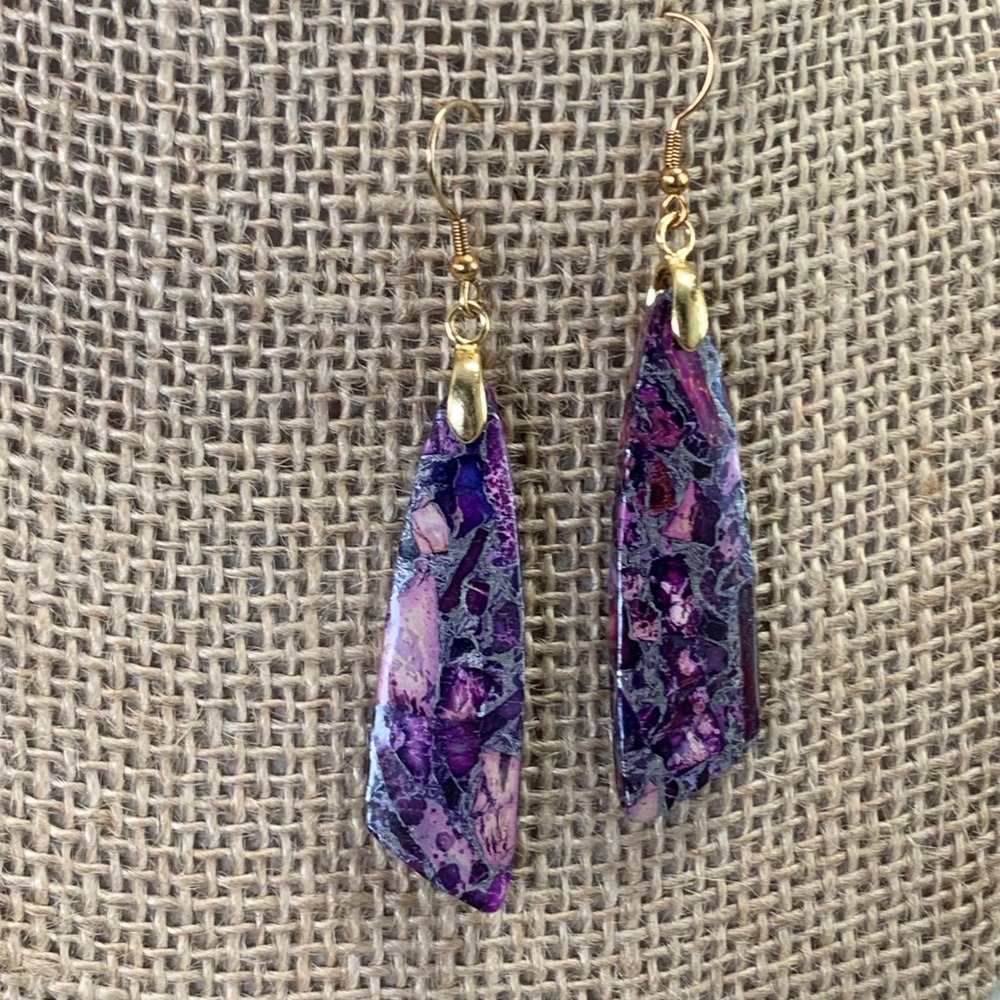 Purple Sediment Jasper Mosaic Slab Drop Earrings Gold Tone French Hook Boho